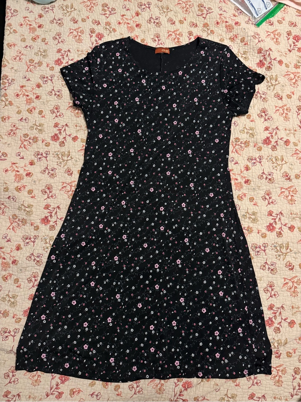 Black Floral Short Sleeve A-Line Dress with Pink Accents